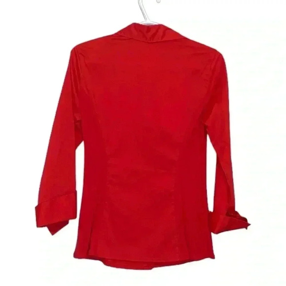 Cleo Red Button Down Shirt  w Horizontal Pleats, Soft Side Panels 3/4 sleeves - Picture 3 of 7